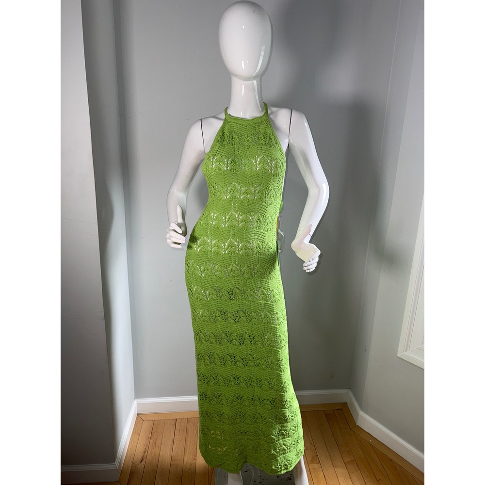 House of Harlow 1960 Neon Green Crochet Halter Maxi Dress Open Back size Sโ New - Picture 8 of 12